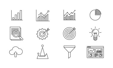 Veri analizi, pazarlama hunileri, hedefler ve beyaz bir arkaplanda başarı gibi iş kavramlarını temsil eden on iki el çizilmiş sanat simgeleri..