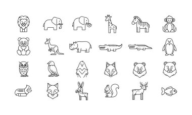 Aslan, fil, zürafa ve daha fazlasının yer aldığı 24 adet el yapımı hayvan ikonu. Basit siyah beyaz çizgi çizimleri logolar, web siteleri veya eğitim materyalleri için mükemmeldir..