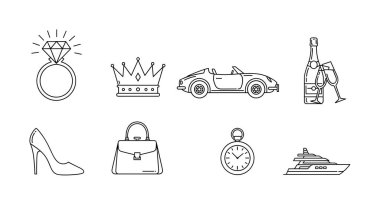 Elmas yüzük, taç, spor araba, şampanya, yüksek topuk, el çantası, saat ve yat gibi zenginlik ve lüks eşyaları temsil eden sekiz minimalist taslak ikon koleksiyonu..