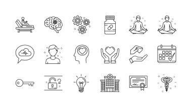 Beyaz bir arka planda, zihinsel sağlık kavramlarını temsil eden el yapımı ikonlar, beyin fonksiyonları, ilaçlar, meditasyon, destek ve duygusal refahı temsil ediyor..