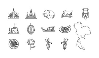 Tayland 'ı, tapınakları, bir fili, bir tuk-tuk' u, geleneksel yemekleri, dansçıları ve bir haritayı temsil eden çizgi sanat simgelerinden oluşan bir koleksiyon. Seyahat ve kültürel tasarımlar için mükemmel..
