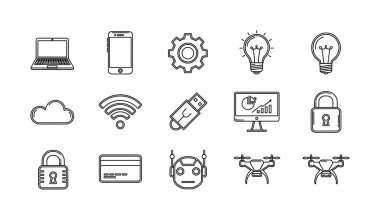 Elle çizilmiş taslak tarzında modern teknoloji simgeleri. Bilgisayar, akıllı telefon, drone, robot, güvenlik kilidi ve bulut hesaplama sembollerini içerir.