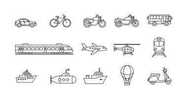 Kara, hava ve deniz araçları da dahil olmak üzere farklı taşıma şekillerini temsil eden 15 ana hatlı simge seti. Bilgi grafikleri ve uygulamalar gibi çeşitli kullanımlar için basit ve temiz tasarım.