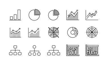 El çizimi veri görselleştirme simgeleri. İş analitiği ve bilgi grafikleri için bar grafikleri, çizgi grafikleri, radar grafikleri ve organizasyonel şemaları içerir.