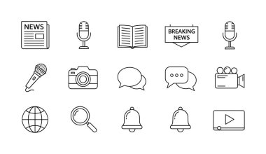 Haber medyası gazeteciliği ve iletişimini temsil eden el çizimi ikonlarının bir koleksiyonu, gazete mikrofon kamerası ve dünya sembollerini skeç tarzında içerir.