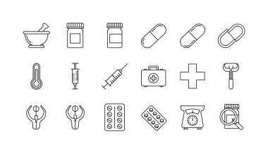 El yapımı karalama tarzı tıbbi ve sağlık ikonları koleksiyonu. Bu sette haplar, şırıngalar, steteskoplar ve ilk yardım setleri gibi çeşitli eczane ve hastane sembolleri yer alıyor..