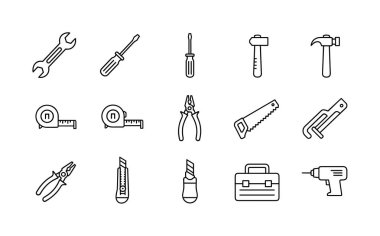DIY, onarım ve inşaat projeleri için gerekli el aletleri koleksiyonu. Bu simge seti bir çekiç, anahtar, tornavida ve beyaz bir arkaplanda izole edilmiş basit bir siyah-beyaz ana hat vektör biçimini delmeyi içerir..