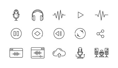 Ses, müzik ve podcast ile ilgili ince çizgi simgelerinden oluşan bir koleksiyon. Beyaz arkaplanda izole edilmiş mikrofon, kulaklık, oyuncu kontrolleri, dalga formu ve bulut yükleme sembollerini içerir.