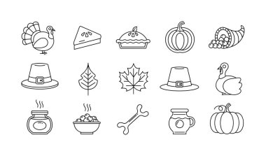Şükran Günü için siyah beyaz çizgi sanat simgeleri koleksiyonu. Hindi, balkabağı turtası, hacı şapkası, cornucopia, yapraklar ve diğer geleneksel tatil sembollerini içerir..