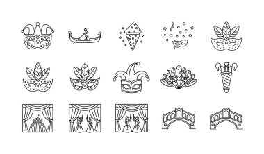 Maske, gondol, soytarı şapkası ve köprü gibi Venedik Karnavalı 'nın sembollerinin yer aldığı siyah beyaz çizgi çizgileri koleksiyonu..