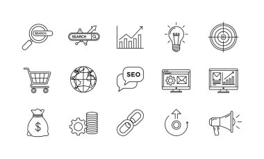 Arama, analitik, hedef, e-ticaret ve finans da dahil olmak üzere SEO ve dijital pazarlamanın çeşitli kavramlarını temsil eden el çizimi taslak simgelerinden oluşan bir koleksiyon..