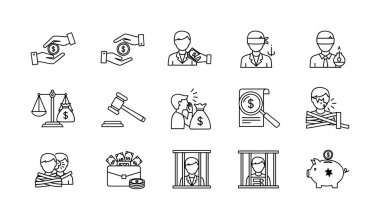 Mali suç, yolsuzluk, rüşvet ve hukuki adalet sistemini temsil eden ince çizgi ikonlarının bir derlemesi. Yasalar, cezalar, hırsızlıklar ve para aklama sembollerini içerir.