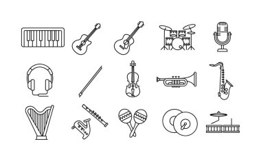 Gitar, piyano, davul ve saksafon gibi çeşitli müzik aleti simgeleri. El çizimi karalama biçimi vektör çizimi beyaz bir arkaplanda izole.