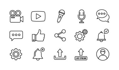 Video akışı ve sosyal medya için el çizimi resim ikonları koleksiyonu. Beyaz arkaplanda izole edilmiş paylaşım, yorum, abonelik, bildirim ve kullanıcı profili sembollerini içerir.