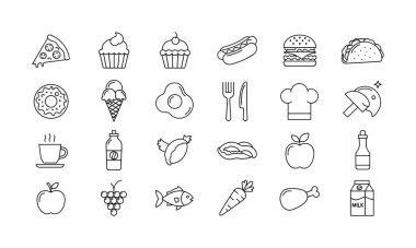 Fast food, tatlı, meyve, sebze ve içecek gibi farklı besin gruplarını temsil eden siyah beyaz çizgili simgelerden oluşan çeşitli bir koleksiyon..