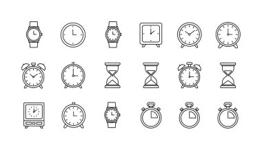 Siyah-beyaz çizilmiş veya karalama tarzında çeşitli zaman tutma aygıtı simgelerinin bir koleksiyonu. Farklı tipte saat, kol saati, kronometre ve kum gözlüğü içerir..