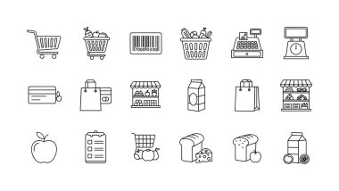 Market alışverişiyle ilgili yirmi adet siyah beyaz çizgi resim ikonu. Beyaz arka planda süpermarket, gıda ürünleri, ödeme ve ekipmanlar için çizilmiş semboller içerir.