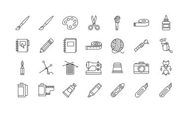 Sanat ve el sanatları için karalama ikonları koleksiyonu. Resim, dikiş, örgü, çizim ve fotoğraf malzemeleri içeriyor. Basit doğrusal biçim beyazda izole edildi.