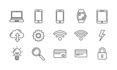 Dizüstü bilgisayar, akıllı telefon, bulut, kablosuz ağ, kredi kartı ve güvenlik kilidi içeren bir taslak simge koleksiyonu. Web tasarımı, uygulamalar ve iş sunumları için mükemmel.