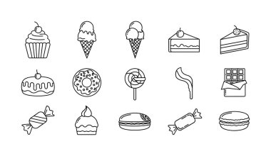 Pasta, dondurma, donut, şeker ve kurabiyeler de dahil olmak üzere çeşitli tatlı ve tatlıların yer aldığı 15 karalama tarzı ikonlar. Basit siyah beyaz çizgi çizimleri.
