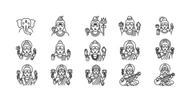 Belirgin Hindu tanrılarının yer aldığı 15 el çizimi ikonlarından oluşan bir vektör seti. Ganesha, Shiva, Vishnu, Lakshmi ve Saraswati 'yi içerir. İzole edilmiş siyah beyaz çizimler.