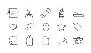 Tek renkli karalama tarzı 15 simge seti. Makas, yapıştırıcı, kamera ve süslemeler de dahil olmak üzere çeşitli koleksiyon kitaplarını ve DIY el sanatları malzemelerini temsil ediyor. Beyaz arka planda izole edilmiş..