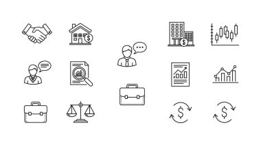 İş, finans ve gayrimenkul kavramlarını temsil eden karalama tarzı sanat simgeleri koleksiyonu. El sıkışma, mülk, yatırım, hukuki ve veri analizi için semboller içerir.