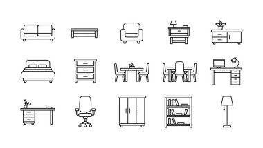 Oturma odası, yatak odası, yemek odası ve ofis gibi farklı odalar için çeşitli mobilyaları temsil eden basit taslak simgelerden oluşan bir koleksiyon. Kanepe, yatak, masa, sandalye ve depoyu içerir..