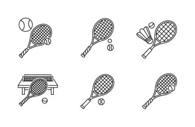 Tenis, badminton ve masa tenisi gibi çeşitli raket sporlarını temsil eden altı minimalist sanat simgesi koleksiyonu. Set raketler, toplar ve mekiklerin horozlarını içeriyor..