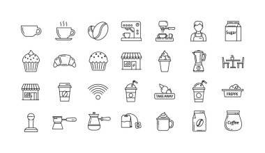 Bir kahve dükkanında bulunan içecekler, yiyecek, ekipman ve web ve mobil semboller de dahil olmak üzere 30 adet siyah ve beyaz ana hatlı ikonun bir koleksiyonu.