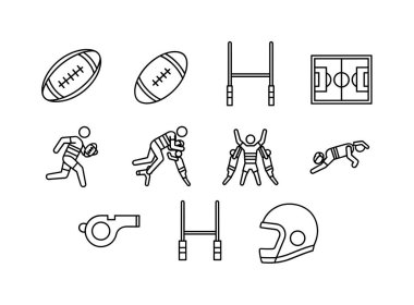 Ragbi sporu için siyah beyaz çizgili sanat simgeleri koleksiyonu. Top, kale direkleri, saha, koşan oyuncular, top yakalama, gol atma, ıslık ve miğfer..