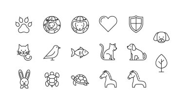 Köpekler, kediler, kuşlar, balıklar, kaplumbağalar ve atlar gibi çeşitli hayvanların yer aldığı basit siyah çizgi sanat simgelerinin yanı sıra beyaz bir arka planda izole edilmiş sevgi, koruma ve doğa sembolleri..