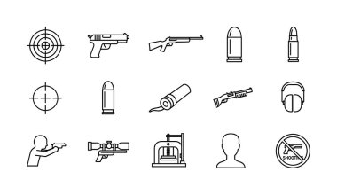 Silahlar ve ateş etmekle ilgili ince çizgi simgelerinden oluşan bir koleksiyon. İçinde tabanca, tüfek, tüfek, mermi, hedef, dürbün ve güvenlik sembolleri var. İzole vektör çizimleri.