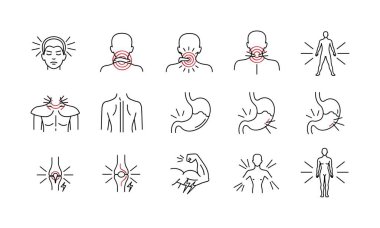 Çeşitli insan vücudunun ağrılarını ve ağrılarını gösteren bir dizi doğrusal simge. Baş ağrısı, boyun, mide, sırt ve tıbbi ve sağlık kavramları için eklem ağrısı sembolleri içerir.