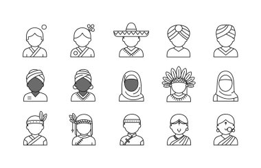 Çeşitli küresel kültürleri temsil eden çizgi sanat simgelerinin toplanması. Türbanlar, türbanlar ve sombrerolar gibi geleneksel başlık giyen insanların avatarları çok kültürlülüğü sembolize ediyor..