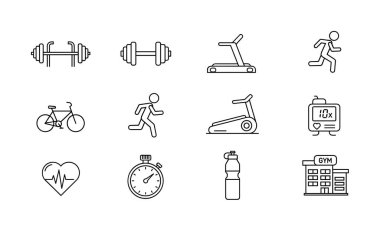 Formu, spor aktivitelerini ve sağlıklı bir yaşam tarzını temsil eden on iki el çizilmiş taslak tarzı ikonlar. Dambıl, koşu bandı, koşma ve kalp atış hızı sembolleri içerir.