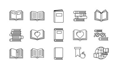 Kitap, okuma ve eğitim için on beş ikon koleksiyonu. Açık kitaplar, desteler ve küresel öğrenme sembolleri içerir. Temiz, minimalist, ağ veya yazdırma için ince çizgi biçimi.