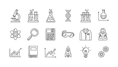 Bilim, eğitim ve araştırmayı temsil eden yarım yamalak sanat simgeleri koleksiyonu. Mikroskop, test tüpleri, DNA, atom, roket ve diğer laboratuvar sembollerini içerir.