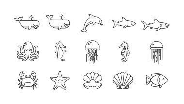 A vector set of various sea creatures including a whale, shark, octopus, and fish. Drawn in a minimalist outline style, perfect for logos, icons, or educational materials.