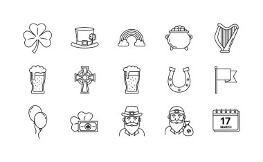 Aziz Patrick Günü için bir çift el karalama ikonu. İçinde yonca, leprikon, altın, gökkuşağı, bira ve arp var. Beyaz arkaplandaki izole vektör illüstrasyon koleksiyonu.