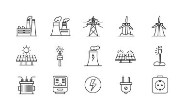 Elektrik santralleri, güneş panelleri rüzgar türbinleri ve elektrik prizleri gibi çeşitli enerji kaynaklarını ve elektrik kavramlarını temsil eden bir dizi el çizgisi simgesi.