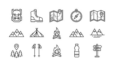 Yürüyüş, kamp ve açık hava seyahatini temsil eden karalama tarzı çizgiler koleksiyonu. Sırt çantası, bot, harita, pusula, çadır, kamp ateşi ve dağ sembolleri içerir.