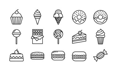 Kekler, çörekler, dondurmalar ve şekerler gibi çeşitli tatlıları temsil eden basit sanat simgeleri. Grafik tasarım projeleri için izole vektör illüstrasyonu.