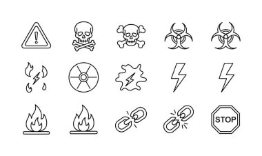 Basit bir sanat tarzında çeşitli tehlike ve tehlike uyarı sembolleri. Zehir, biyolojik tehlike, radyasyon, yangın, elektrik ve daha fazlası için simgeler içerir.
