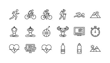 Çeşitli spor, spor, spor etkinlikleri ve sağlık kavramlarını temsil eden karalama tarzı sanat simgeleri koleksiyonu. Beyaz arka planda koşma, bisiklet, yürüyüş, yüzme, yoga, halter ve kalp izleme sembolleri içerir.