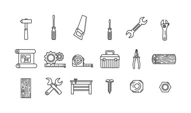 Bir çekiç, tornavida, testere, anahtar ve alet çantası gibi çeşitli monokrom araç simgeleri. DIY, marangozluk veya mekanik projeler için basit satır sanatı çizimi.