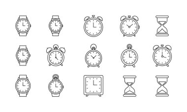 Farklı zaman simgelerinin yer aldığı izole edilmiş siyah beyaz çizgi çizgileri. Basit bir çizim tarzında kol saatleri, alarm saatleri ve kum gözlüğü içerir.