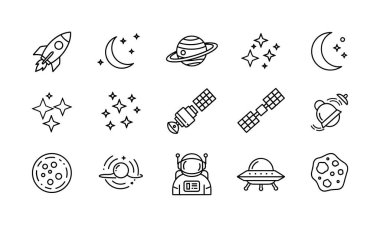 Uzay keşfi ve evrenle ilgili on beş basit taslak ikonu. Bir uzay gemisi, yıldızlar, ay, uydu, astronot, UFO ve asteroid vektör çizimleri içerir.