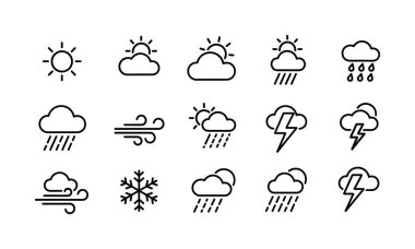 A collection of various weather forecast symbols in a clean outline style. Includes icons for sun, clouds, rain, wind, snow, and thunderstorms, isolated on a white background.
