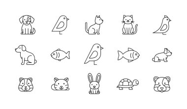Köpekler, kediler, kuşlar, balıklar, tavşanlar, kaplumbağalar ve hamsterlar gibi çeşitli evcil hayvanların yer aldığı 15 basit siyah beyaz taslak ikondan oluşan bir koleksiyon. Minimalist çizgi film vektör çizimi.